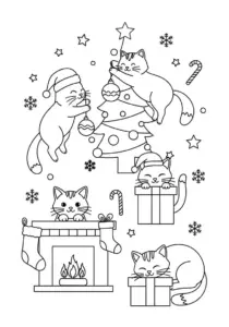 Christmas Cats Playtime Coloring Page