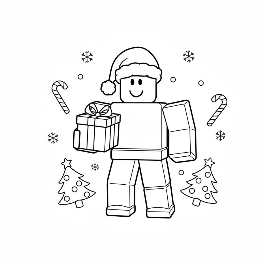 Festive Roblox Avatar with Santa Hat and Christmas Present Coloring Page
