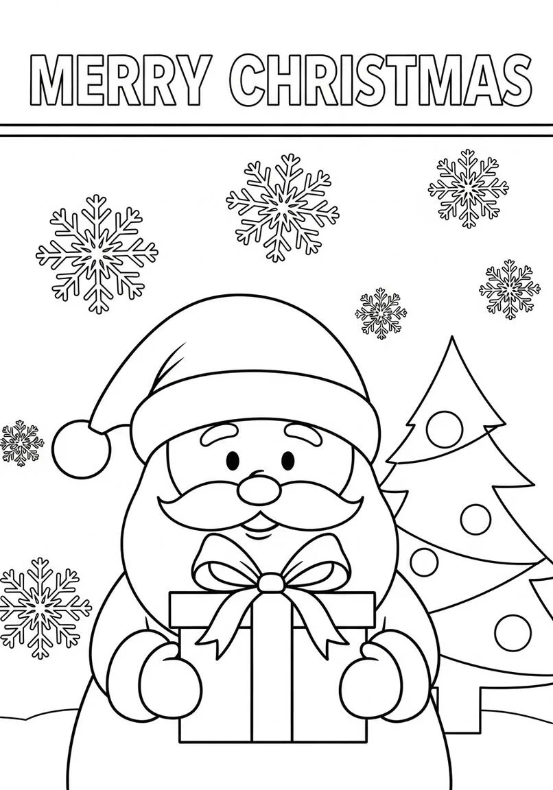 Friendly Santa Claus with Gift and Christmas Tree Coloring Page