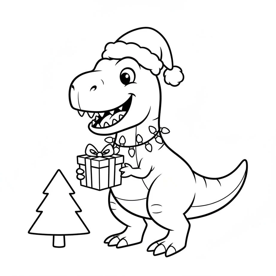 T-Rex with Santa Hat and Christmas Present Coloring Page