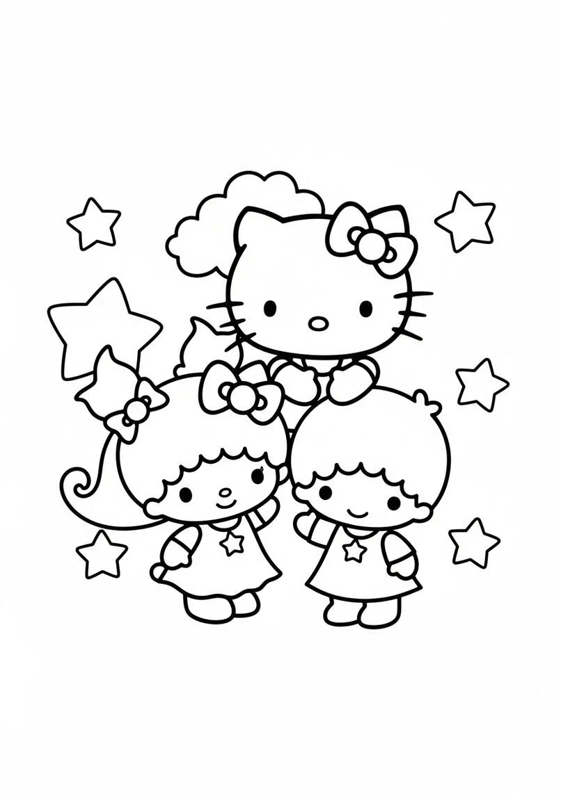 Hello Kitty and Little Twin Stars Kiki Lala Friendly Pose Coloring Page