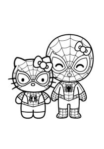 Hello Kitty and Spiderman Superhero Friends Coloring Page