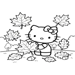 Hello Kitty Autumn Leaves Fall Fun Coloring Page