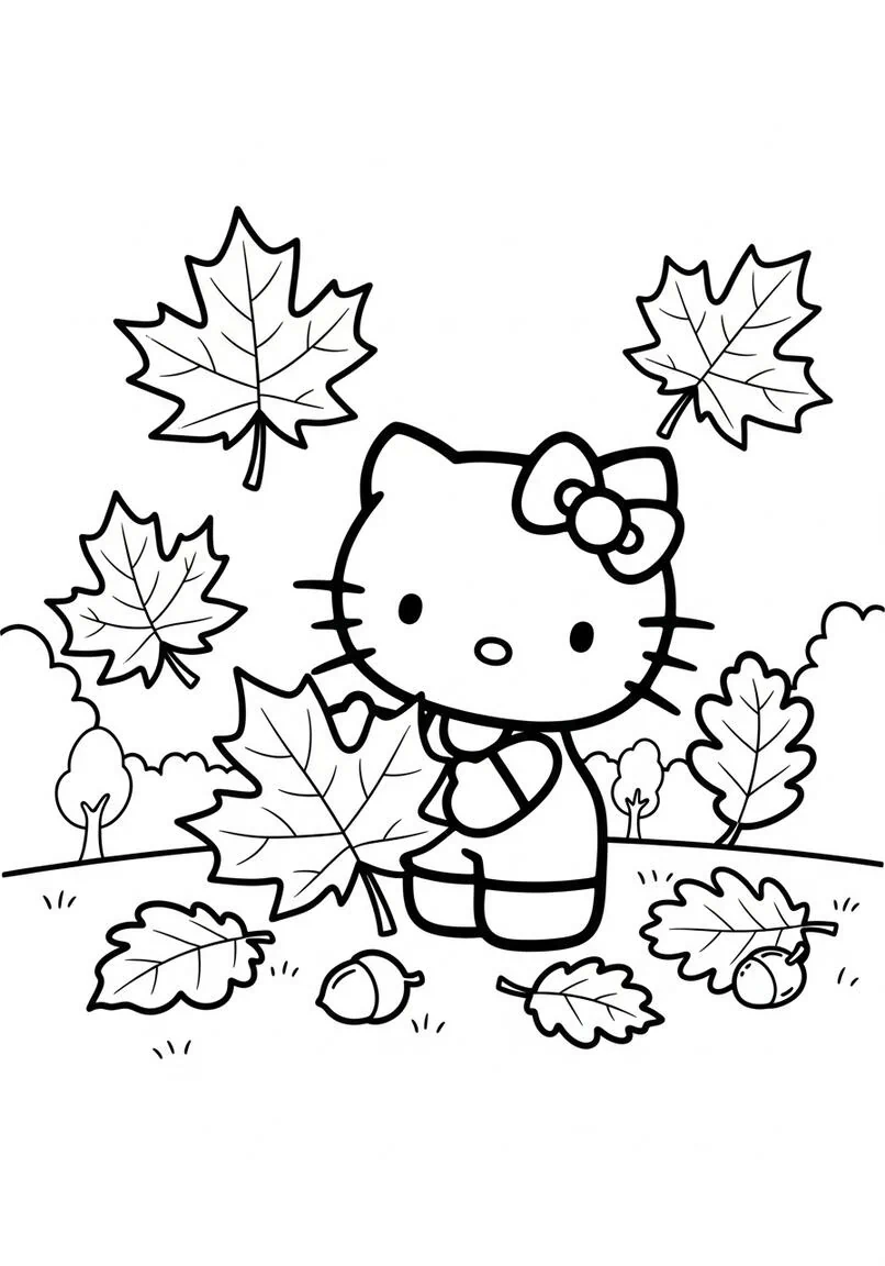 Hello Kitty Autumn Leaves Fall Fun Coloring Page