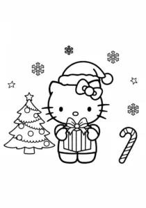 Hello Kitty Christmas Present Santa Hat Coloring Page