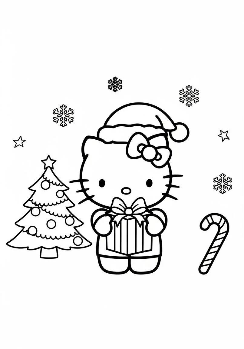 Hello Kitty Christmas Present Santa Hat Coloring Page