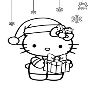 Hello Kitty Christmas Santa Hat Present Coloring Page