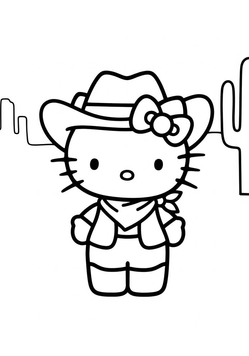 Hello Kitty Cowboy Simple Line Art Coloring Page