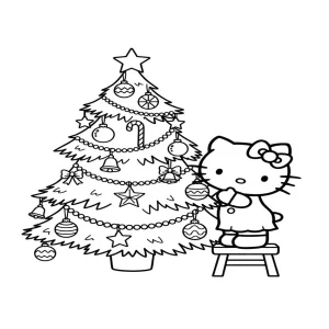 Hello Kitty Decorating the Tree Holiday Coloring Page