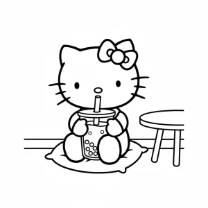 Hello Kitty Drinking Boba Tea Coloring Page