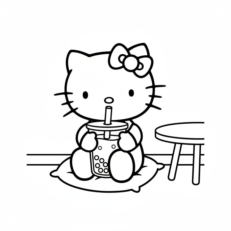 Hello Kitty Drinking Boba Tea Coloring Page
