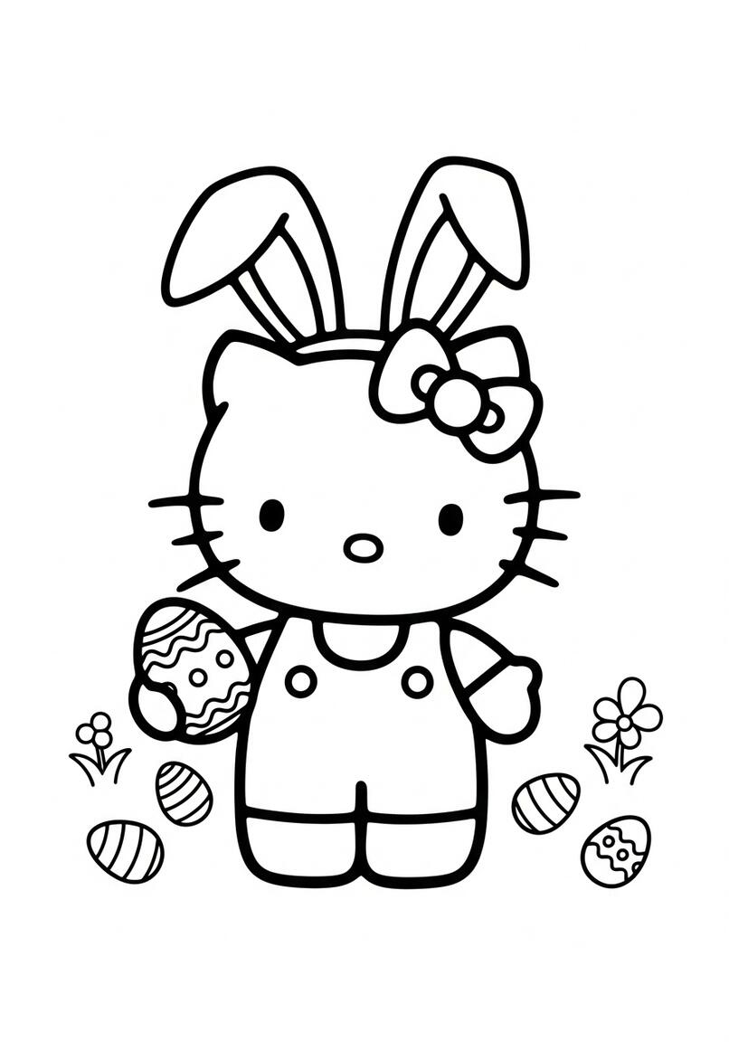 Hello Kitty Easter Bunny with Egg Coloring Page