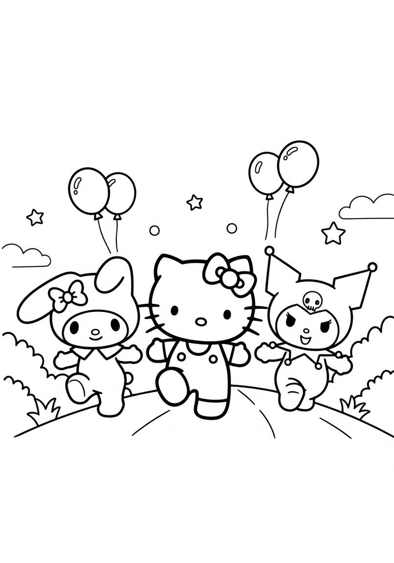 Hello Kitty My Melody Kuromi Friendship Coloring Page