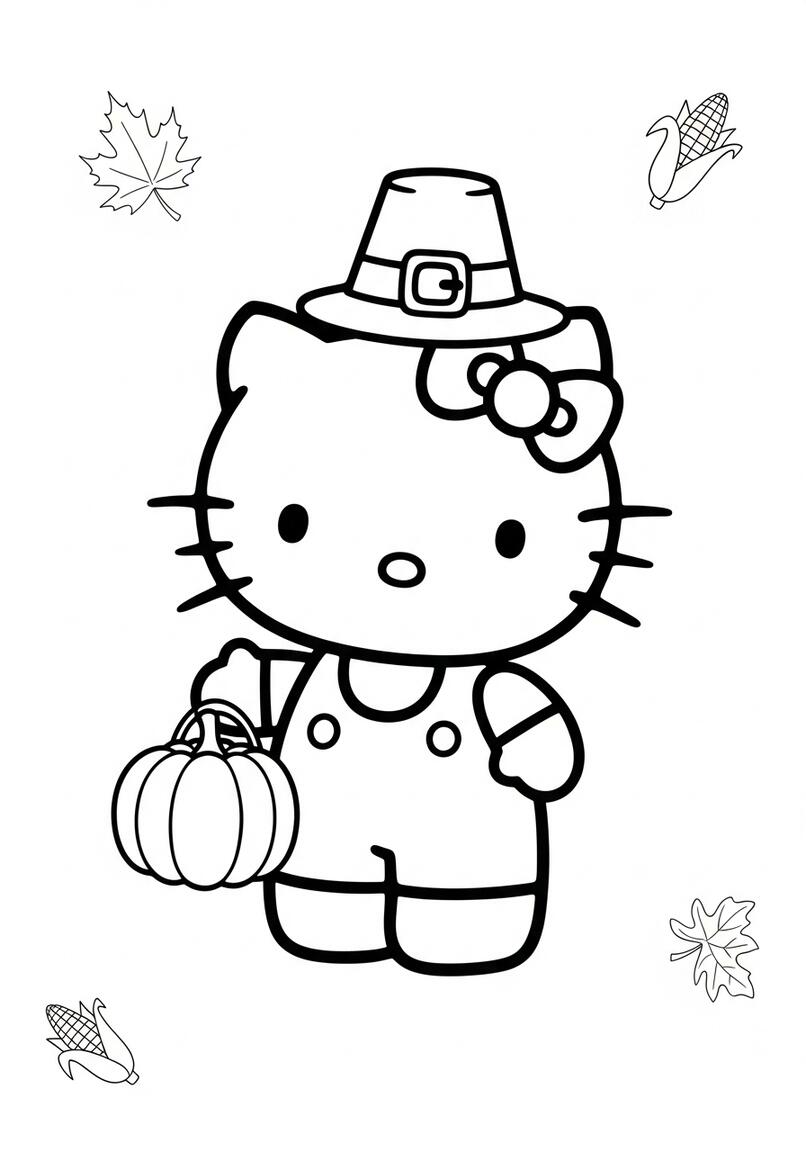 Hello Kitty Pilgrim Hat Pumpkin Thanksgiving Coloring Page