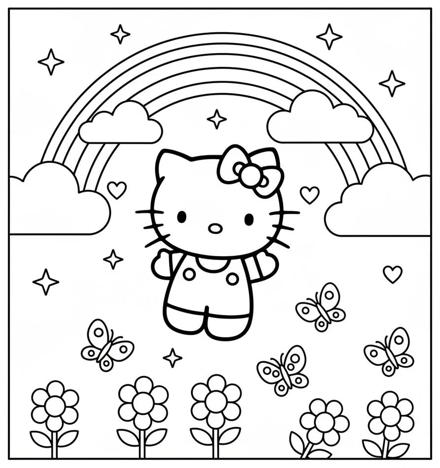 Hello Kitty Rainbow Scene Coloring Page