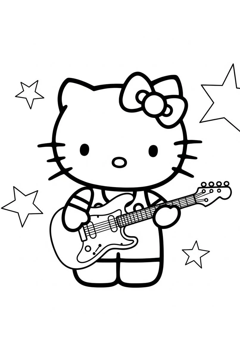 Hello Kitty Rockstar with Guitar Simple Line Art Coloring Page