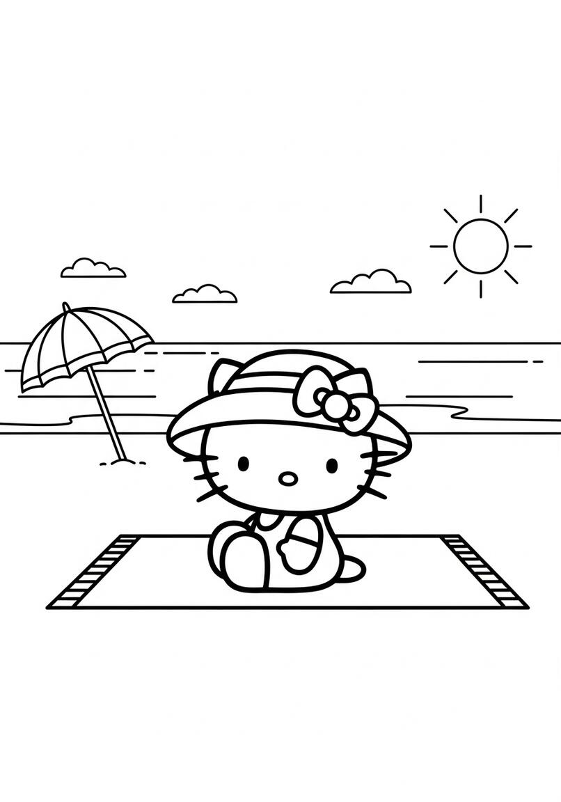Hello Kitty Summer Beach Scene Coloring Page