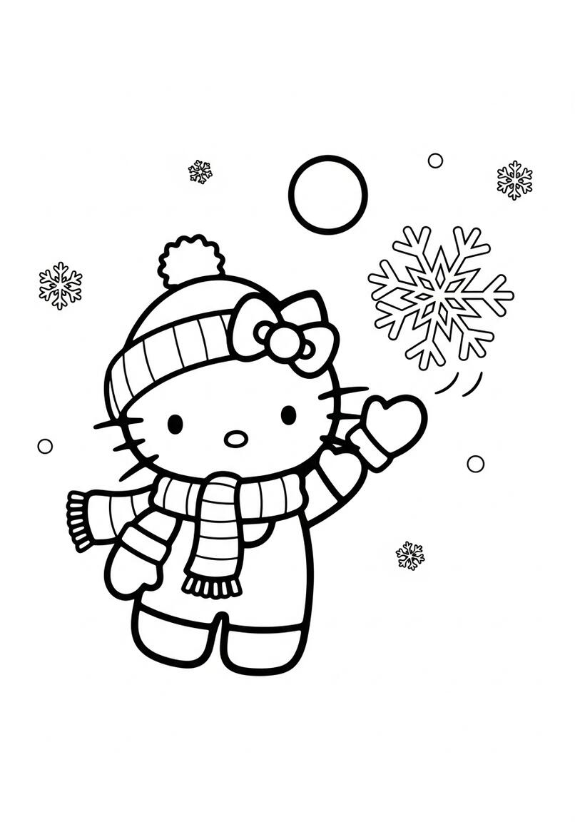 Hello Kitty Winter Fun Snowflakes Coloring Page