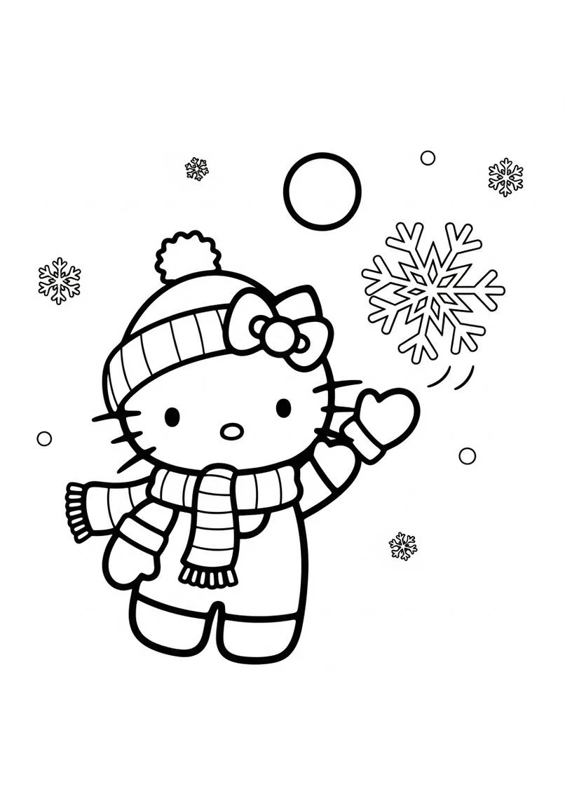 Hello Kitty Winter Fun Snowflakes Coloring Page