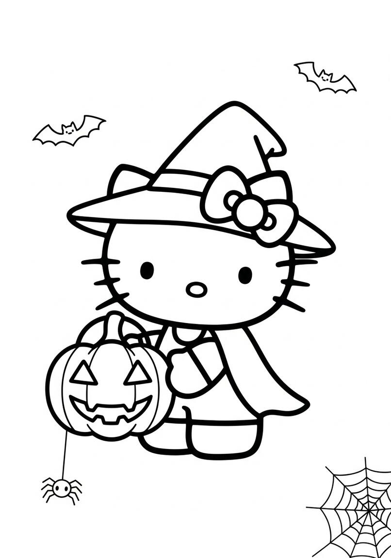 Hello Kitty Witch Halloween Jack-o-Lantern Coloring Page
