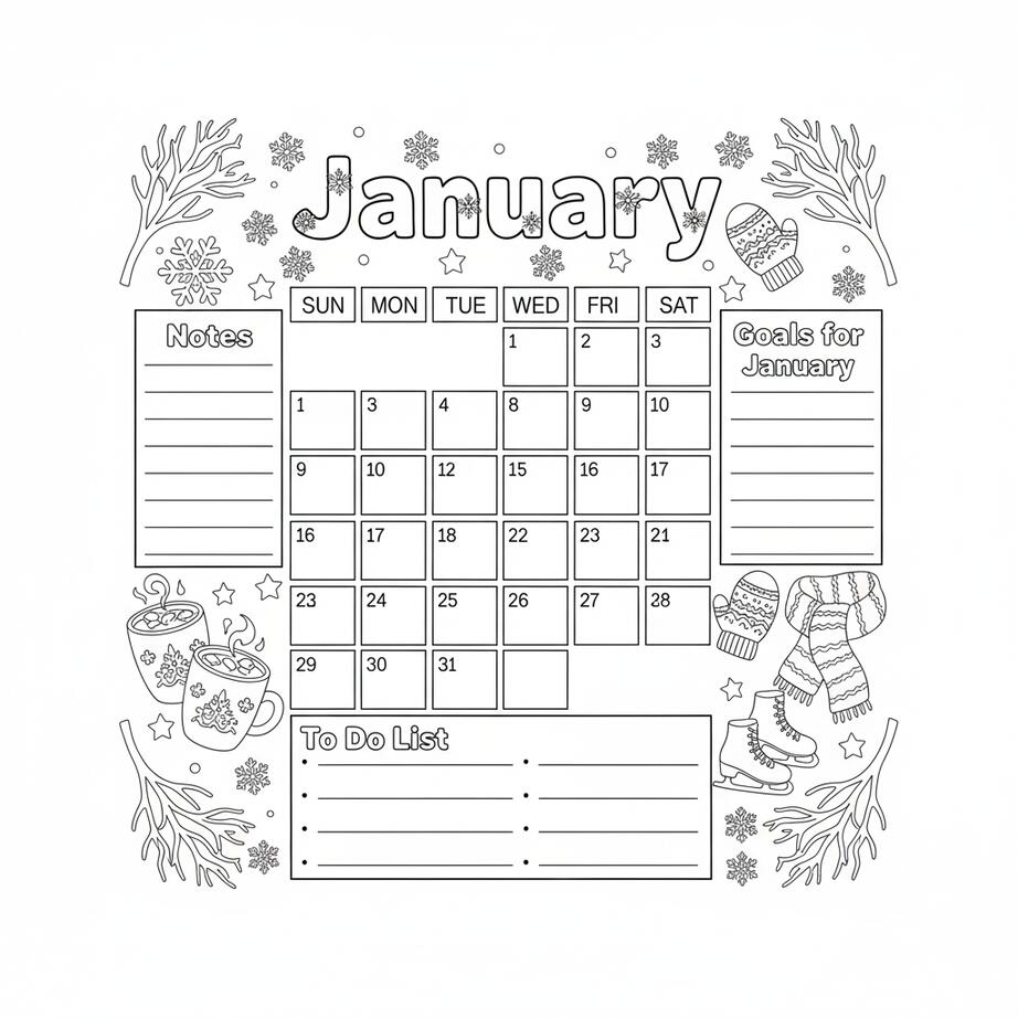 January Calendar Planner Coloring Page