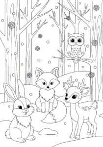 January Forest Animals Snowflakes Coloring Page