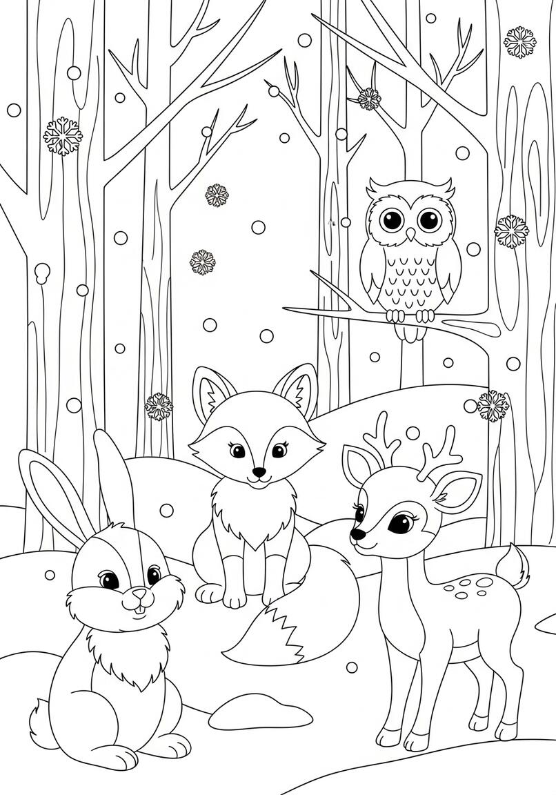 January Forest Animals Snowflakes Coloring Page