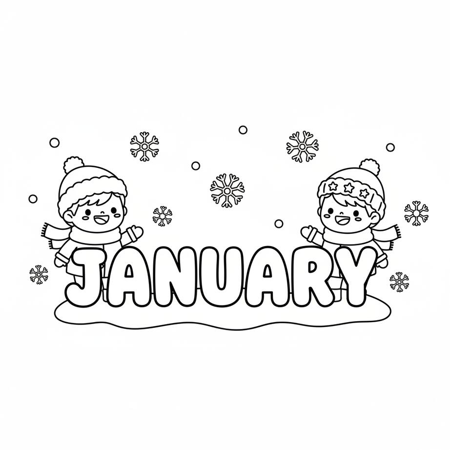 January Kids Easy Outline Coloring Page