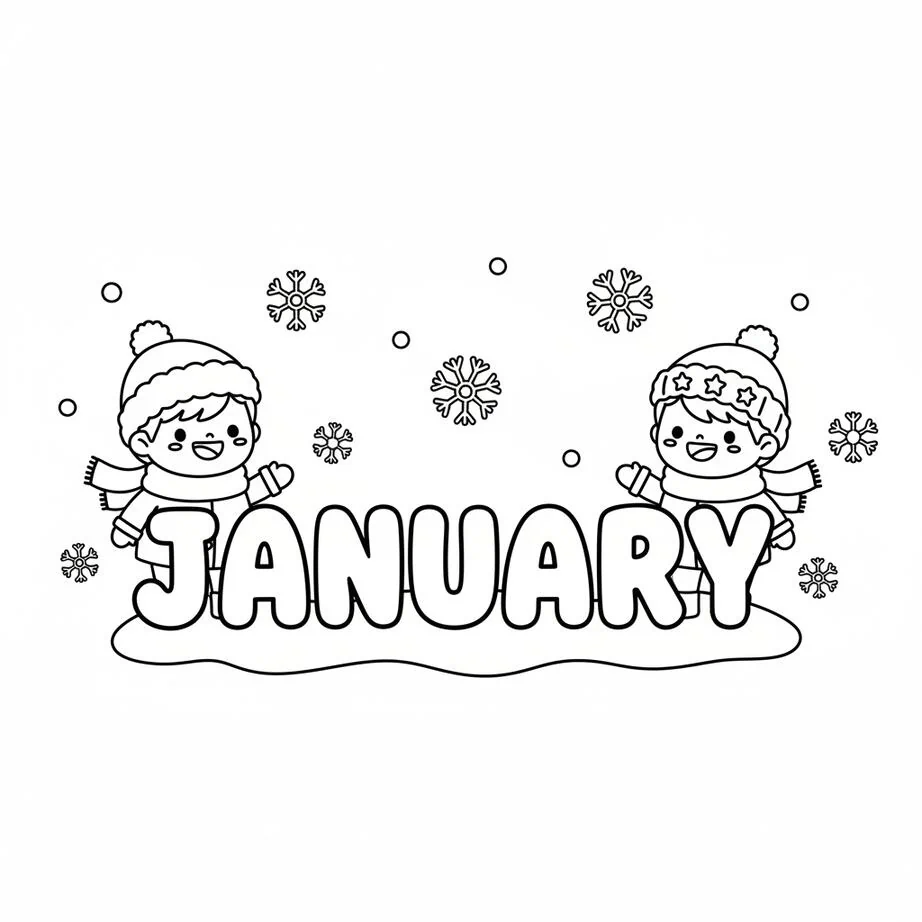 January Kids Easy Outline Coloring Page