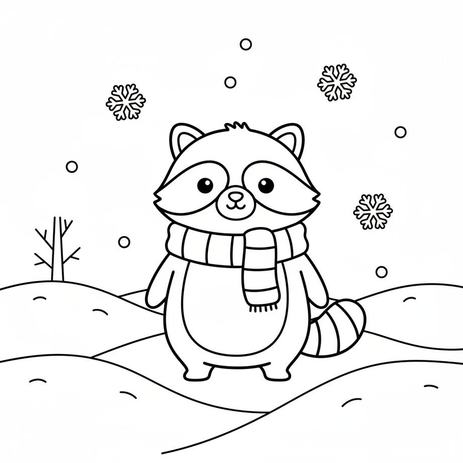 January Raccoon in Snow Coloring Page