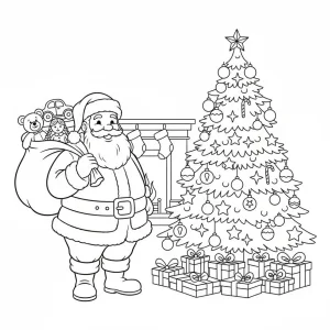Jolly Santa Claus and Christmas Tree with Gifts Coloring Page