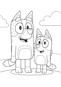 Joyful Bluey and Bingo Standing Together Coloring Page