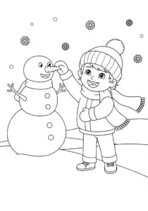 Joyful Child and Snowman with Carrot Nose Coloring Page