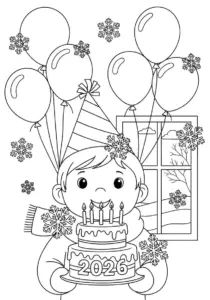 Joyful Child's Winter Birthday Party with Cake and Balloons