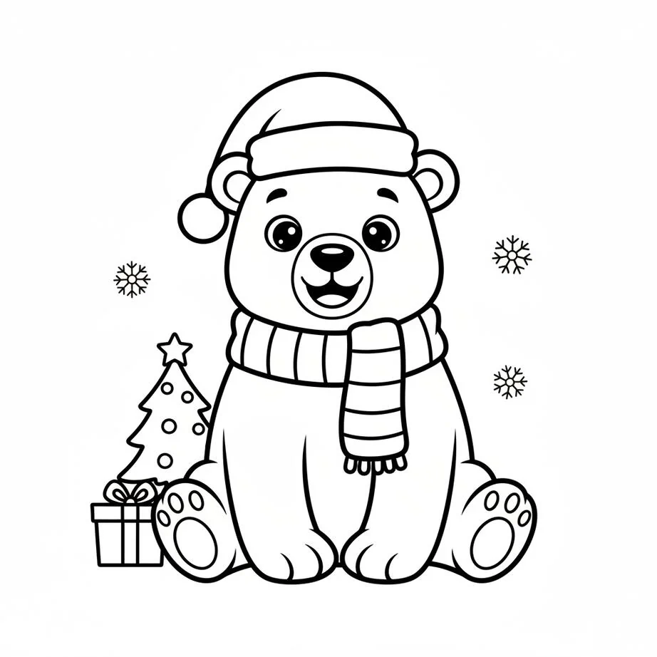 Joyful Christmas Polar Bear with Santa Hat Coloring Page