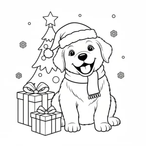 Joyful Golden Retriever Puppy Christmas Coloring Page