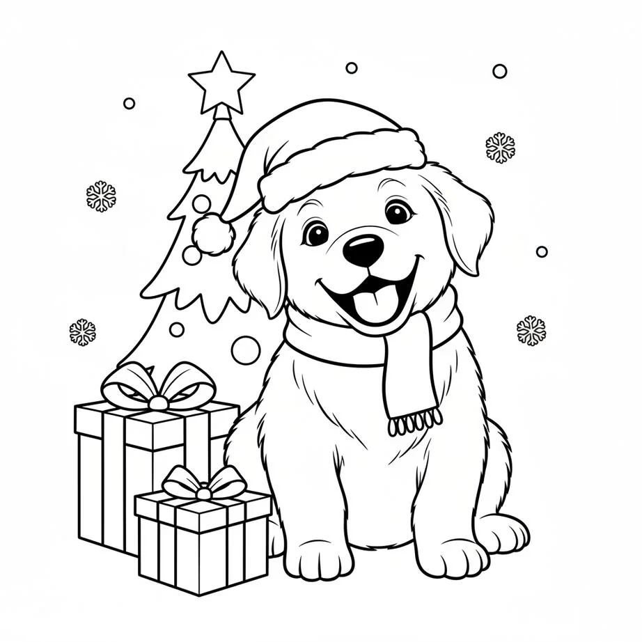 Joyful Golden Retriever Puppy Christmas Coloring Page