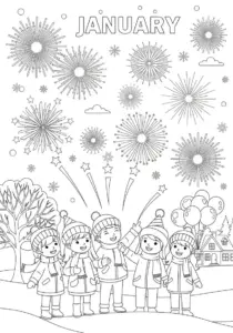 Joyful January Fireworks Children Winter Celebration Coloring Page