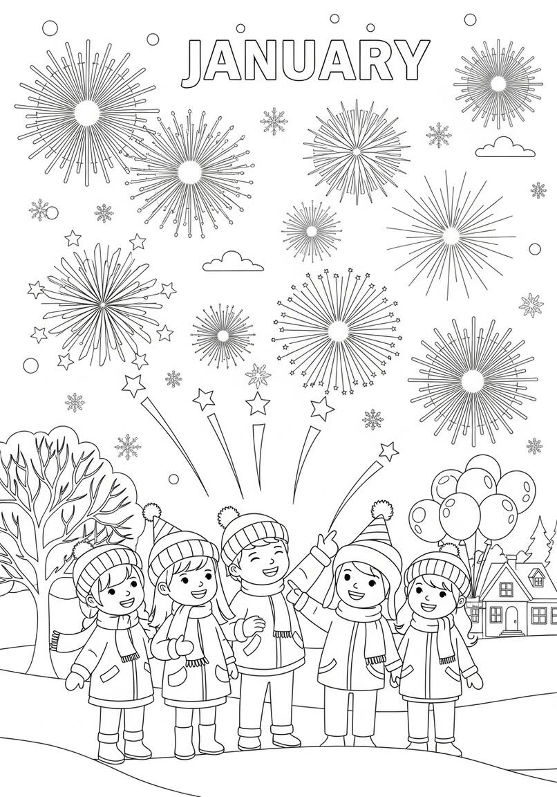 Joyful January Fireworks Children Winter Celebration Coloring Page