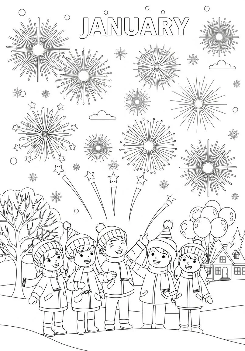 Joyful January Fireworks Children Winter Celebration Coloring Page