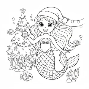 Joyful Mermaid with Santa Hat and Christmas Ornament Coloring Page
