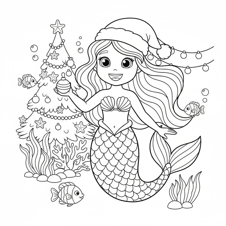 Joyful Mermaid with Santa Hat and Christmas Ornament Coloring Page