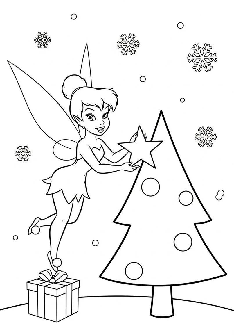 Joyful Tinkerbell Christmas Tree Decorating Coloring Page