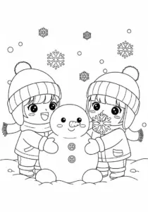 Kawaii Happy Snow Day Children and Snowman Coloring Page