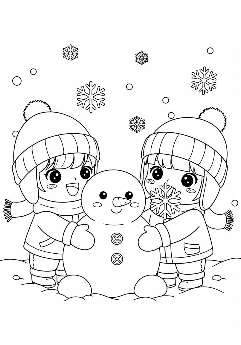 Kawaii Happy Snow Day Children and Snowman Coloring Page
