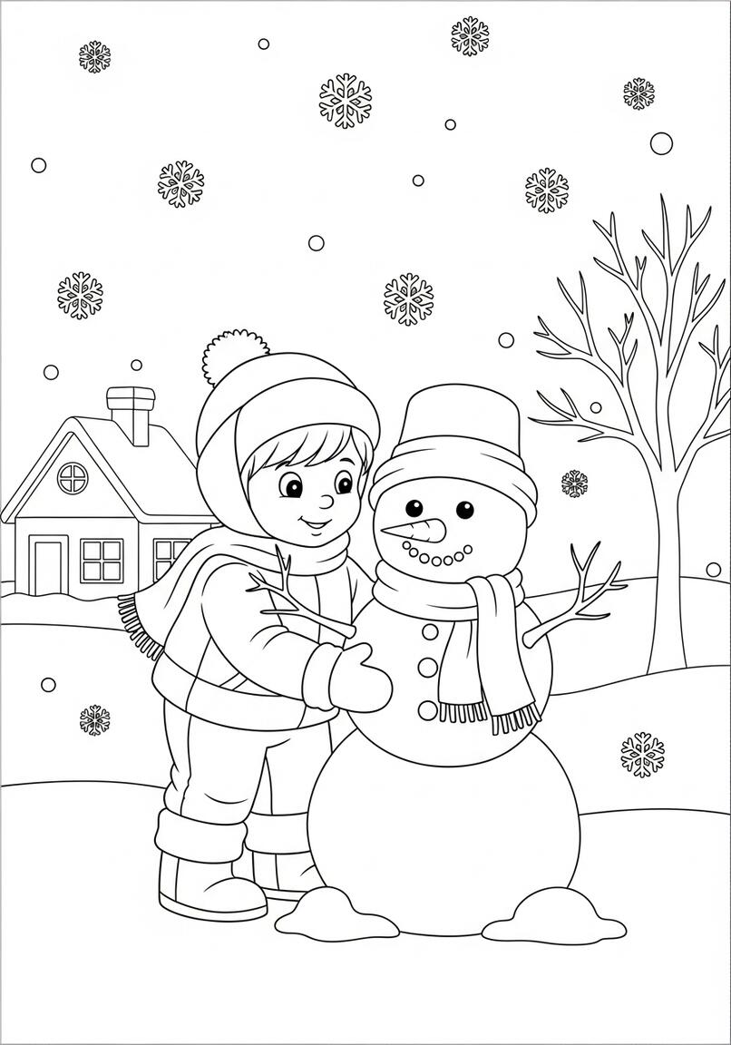 kids building a snowman coloring page