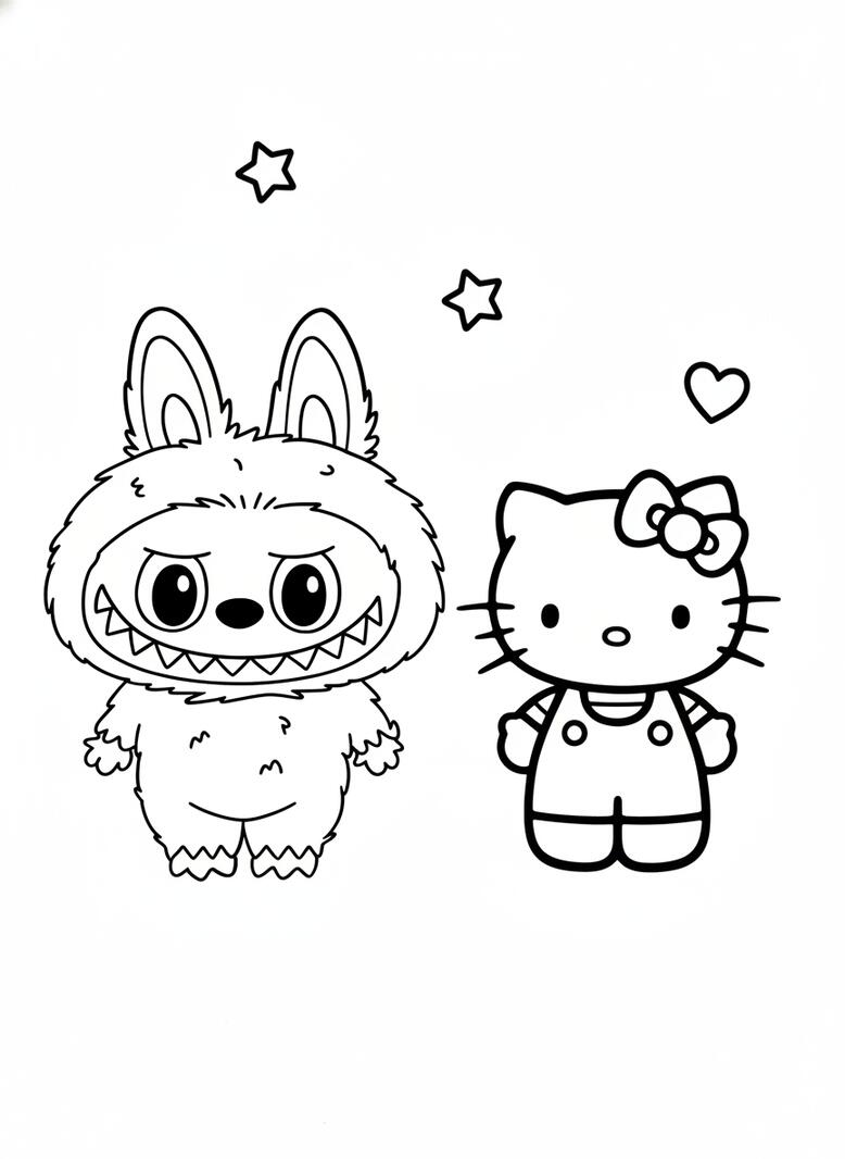 labubu and hello kitty coloring page