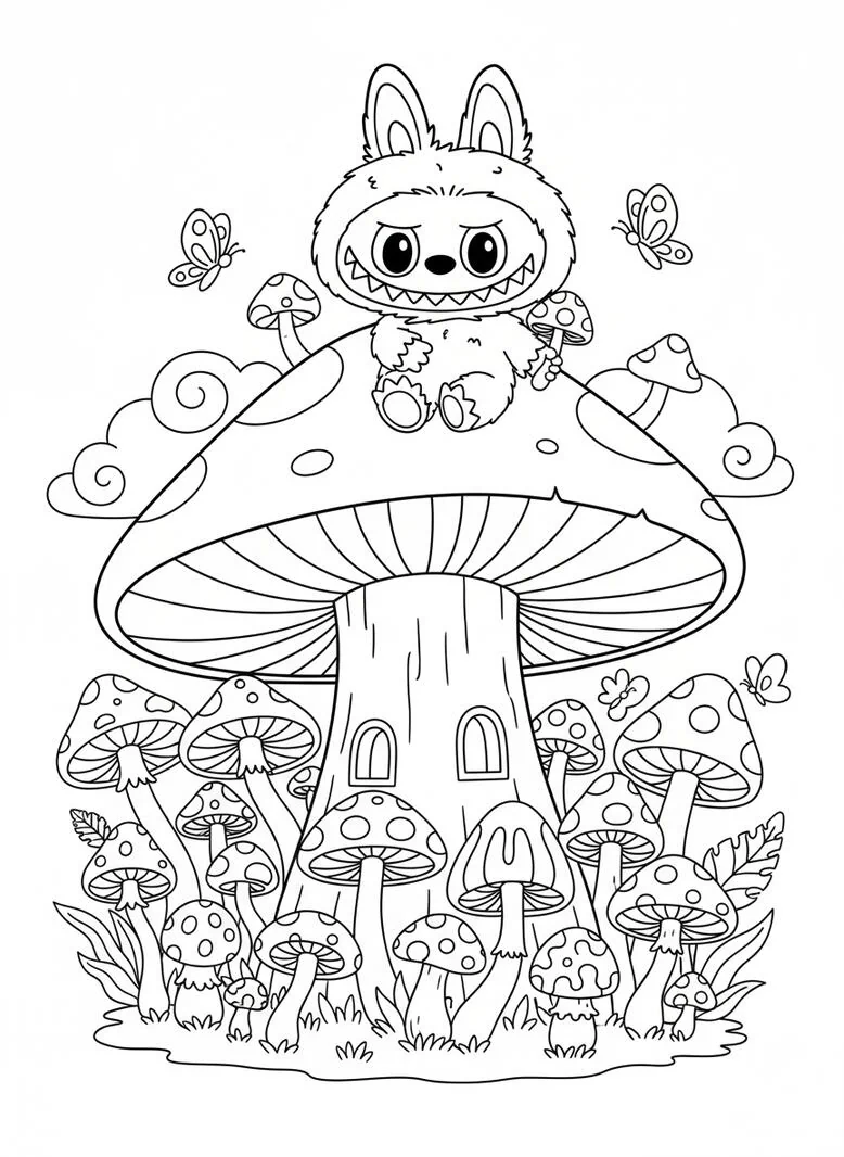 labubu mushroom coloring page