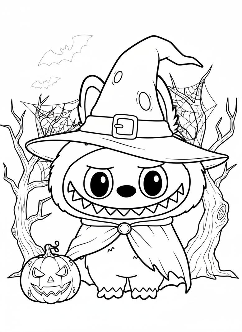 labubu scary halloween coloring page