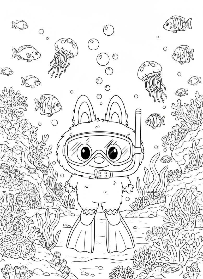 labubu underwater coloring page